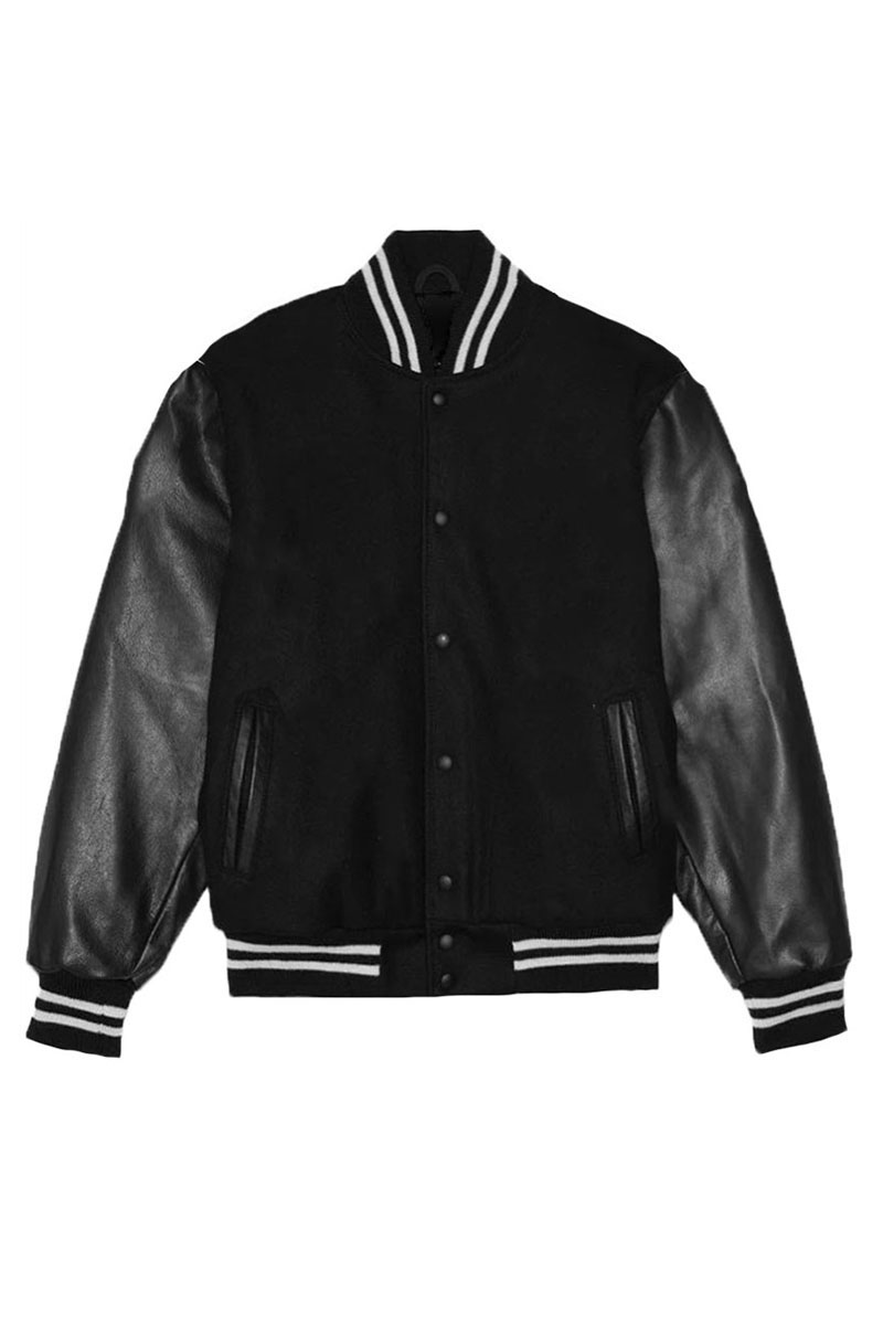 Melton Varsity Letterman Jacket featuring a polyester blended body and PU sleeves, showcasing a classic collegiate style with snap button closure.