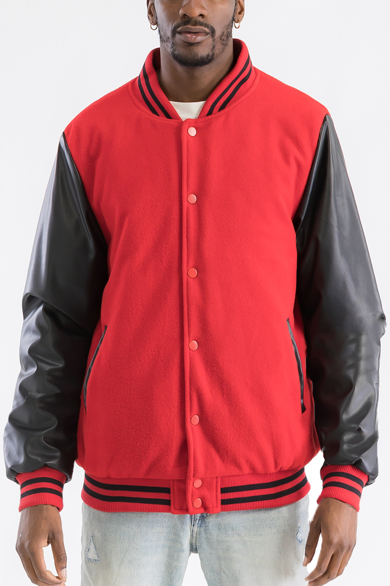 Melton Varsity Letterman Jacket featuring a polyester blend, PU sleeves, and snap button closure, designed for comfort and style.