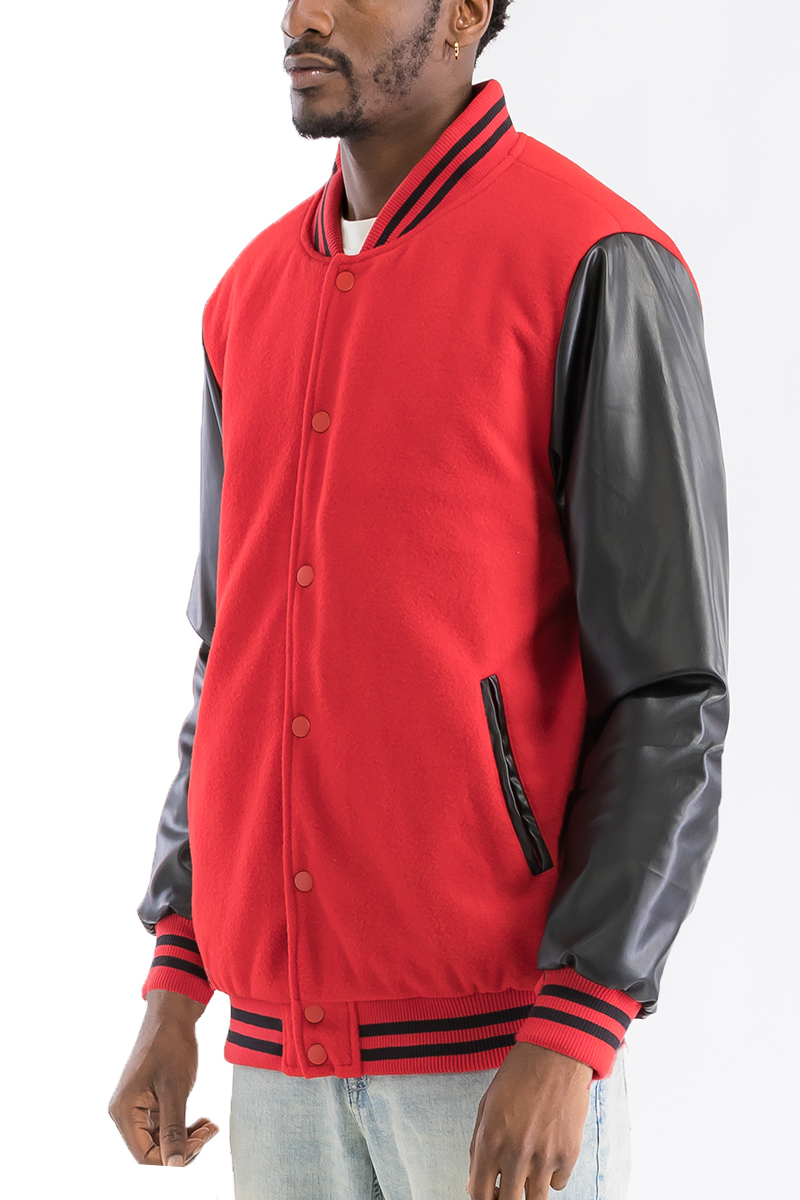 Melton Varsity Letterman Jacket featuring a polyester blend, PU sleeves, and snap button closure, designed for comfort and style.