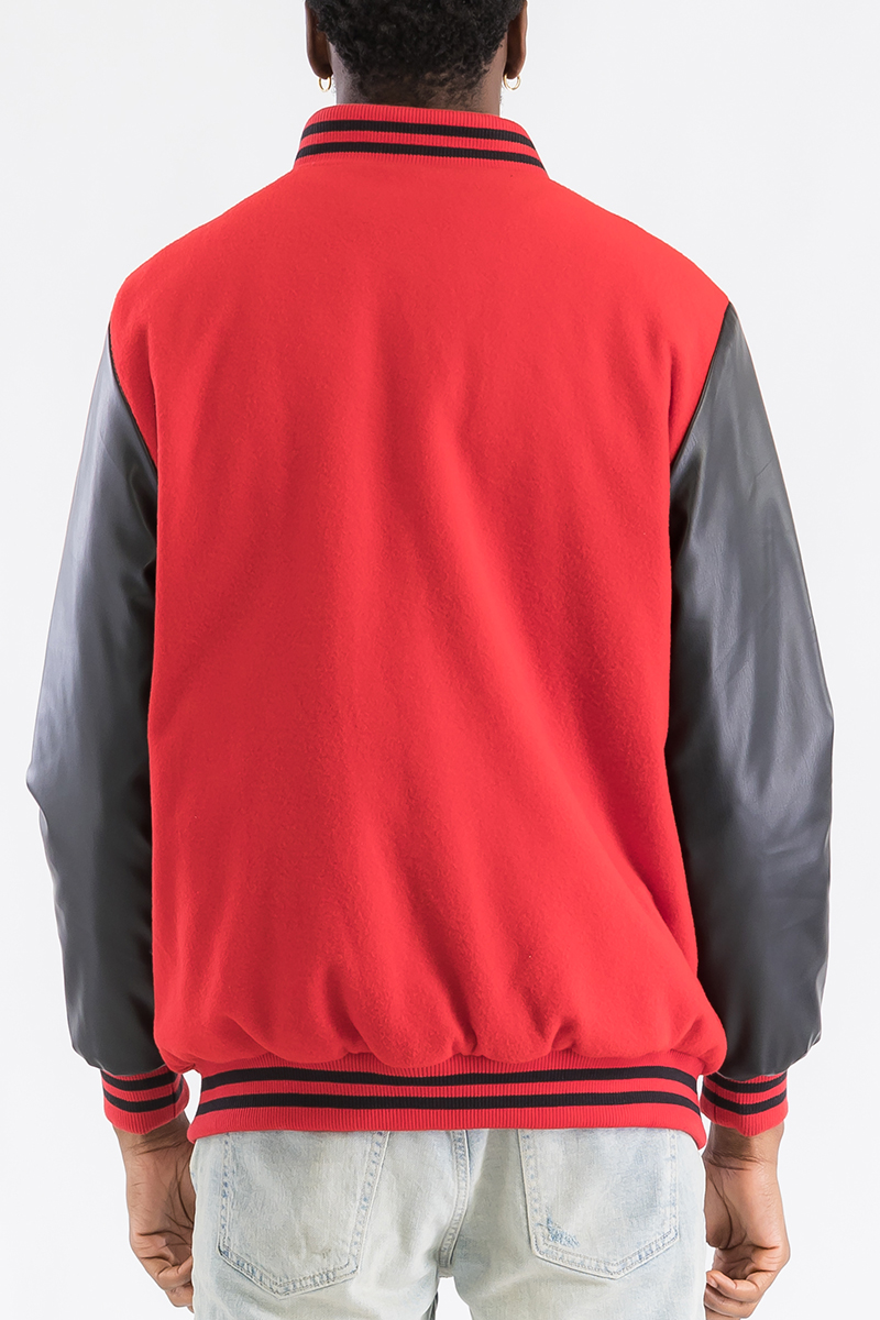 Melton Varsity Letterman Jacket featuring a polyester blend, PU sleeves, and snap button closure, designed for comfort and style.