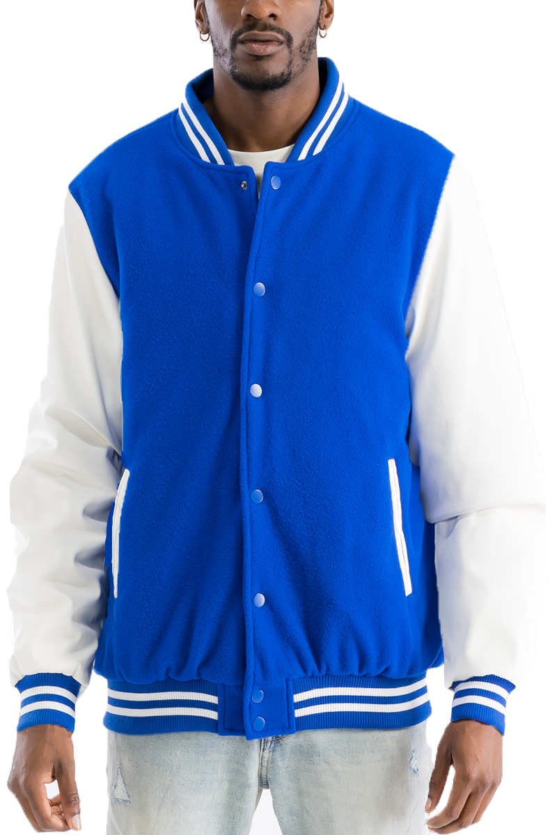 Melton Varsity Letterman Jacket featuring PU sleeves and snap button closure, designed for comfort and style.