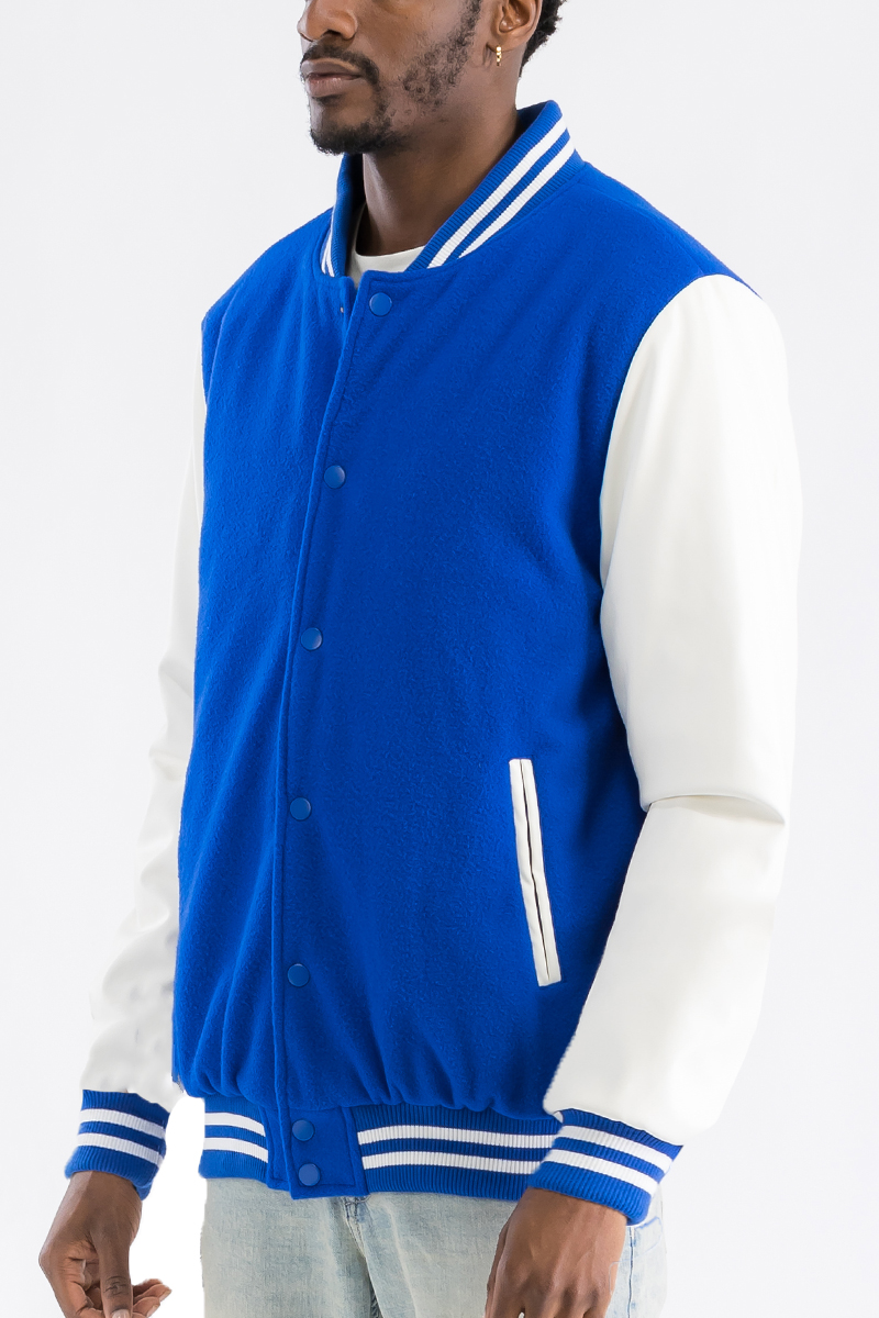 Melton Varsity Letterman Jacket featuring PU sleeves and snap button closure, designed for comfort and style.