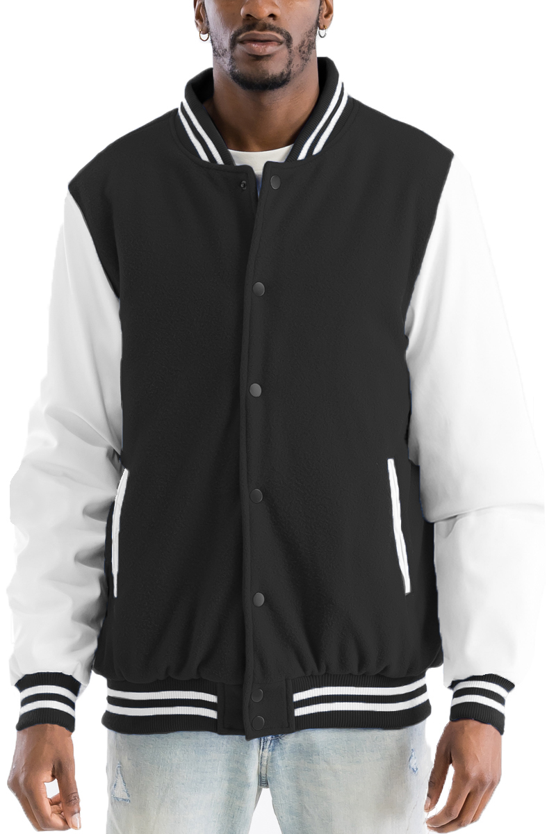 Melton Varsity Letterman Jacket featuring a polyester blend, snap button closure, and PU sleeves, designed for comfort and style.