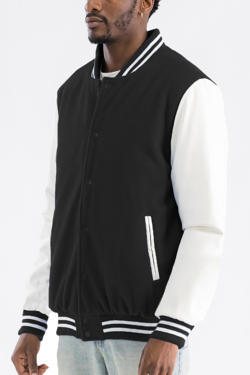 Melton Varsity Letterman Jacket featuring a polyester blend, snap button closure, and PU sleeves, designed for comfort and style.