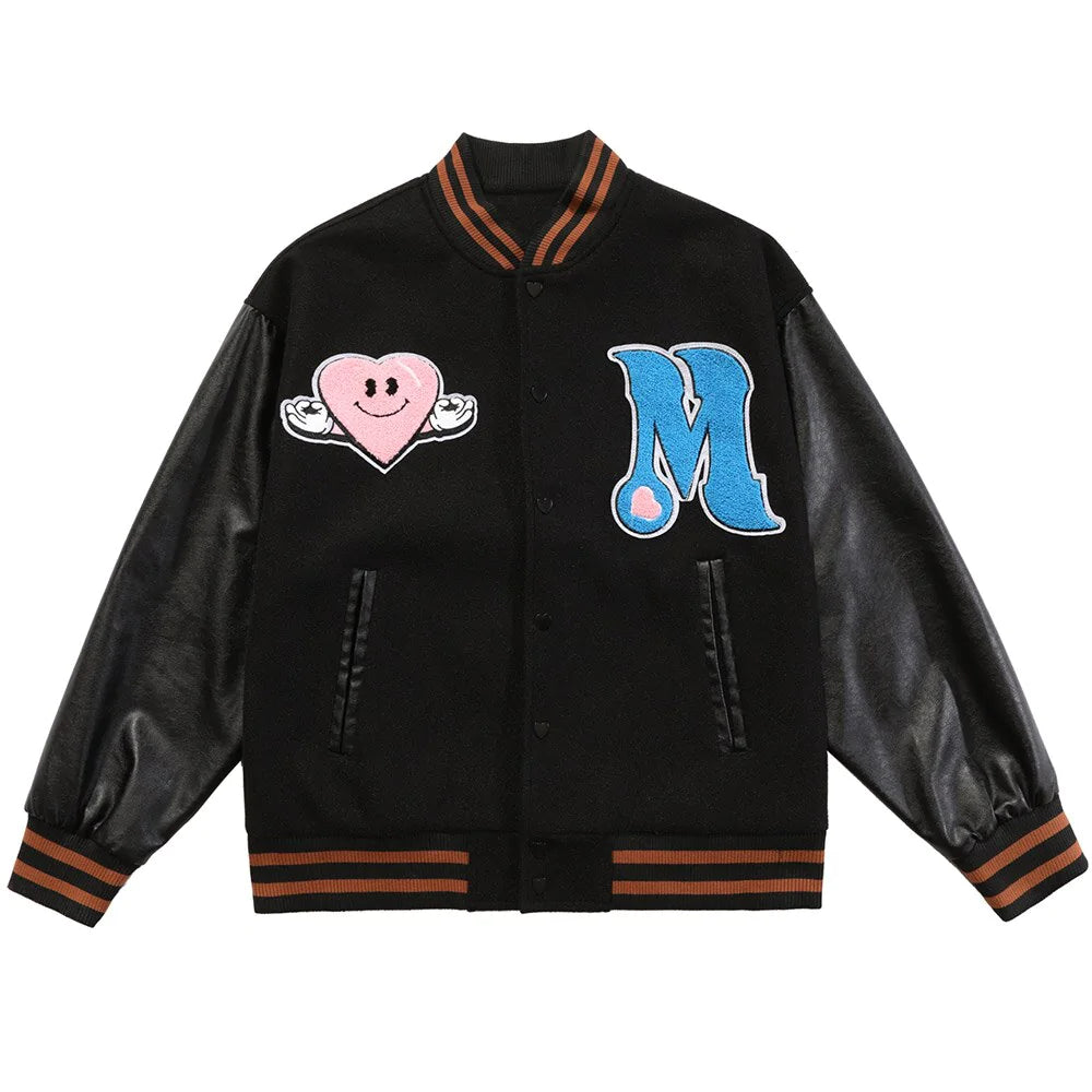 Men's bomber jacket featuring funny furry patches, perfect for autumn hip hop fashion.