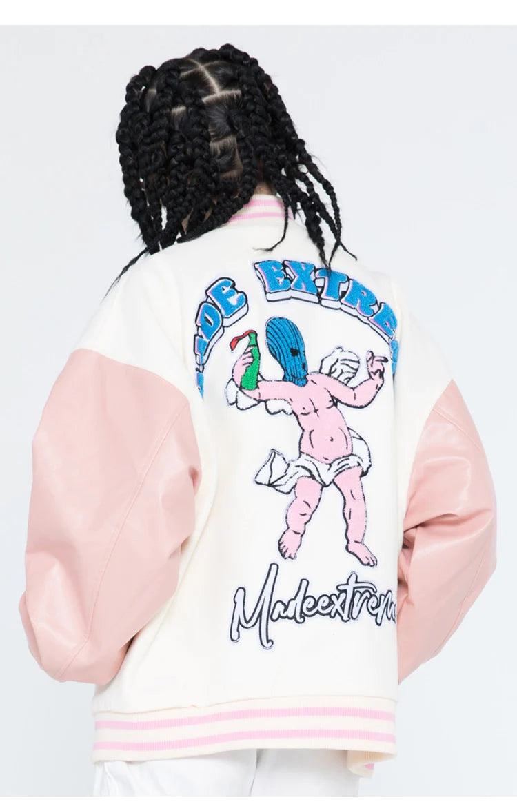 Men's bomber jacket featuring funny furry patches, perfect for autumn hip hop fashion.