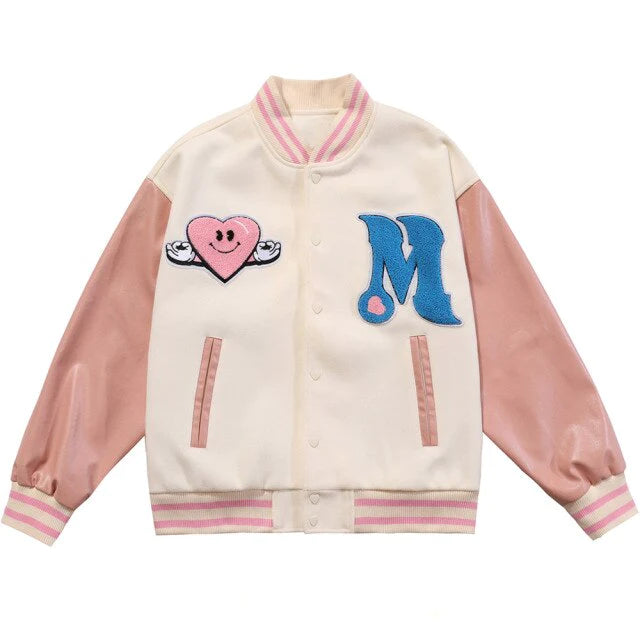 Men's bomber jacket featuring funny furry patches, perfect for autumn hip hop fashion.