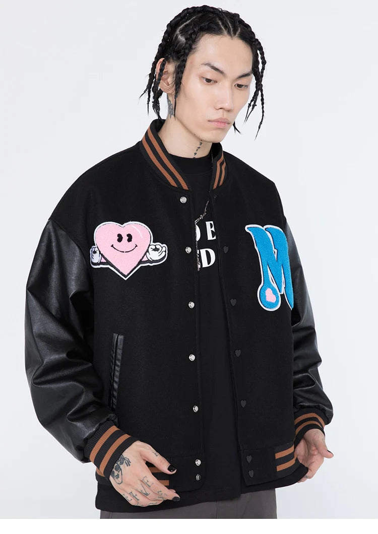 Men's bomber jacket featuring funny furry patches, perfect for autumn hip hop fashion.