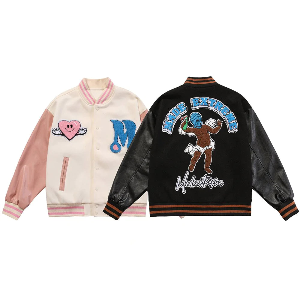 Men's bomber jacket featuring funny furry patches, perfect for autumn hip hop fashion.