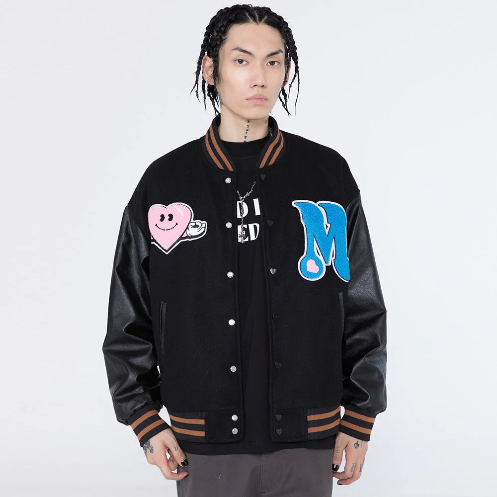 Men's bomber jacket featuring funny furry patches, perfect for autumn hip hop fashion.