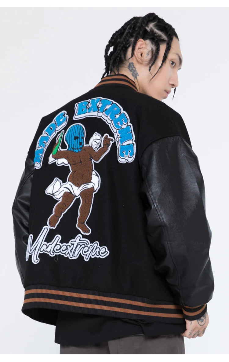 Men's bomber jacket featuring funny furry patches, perfect for autumn hip hop fashion.