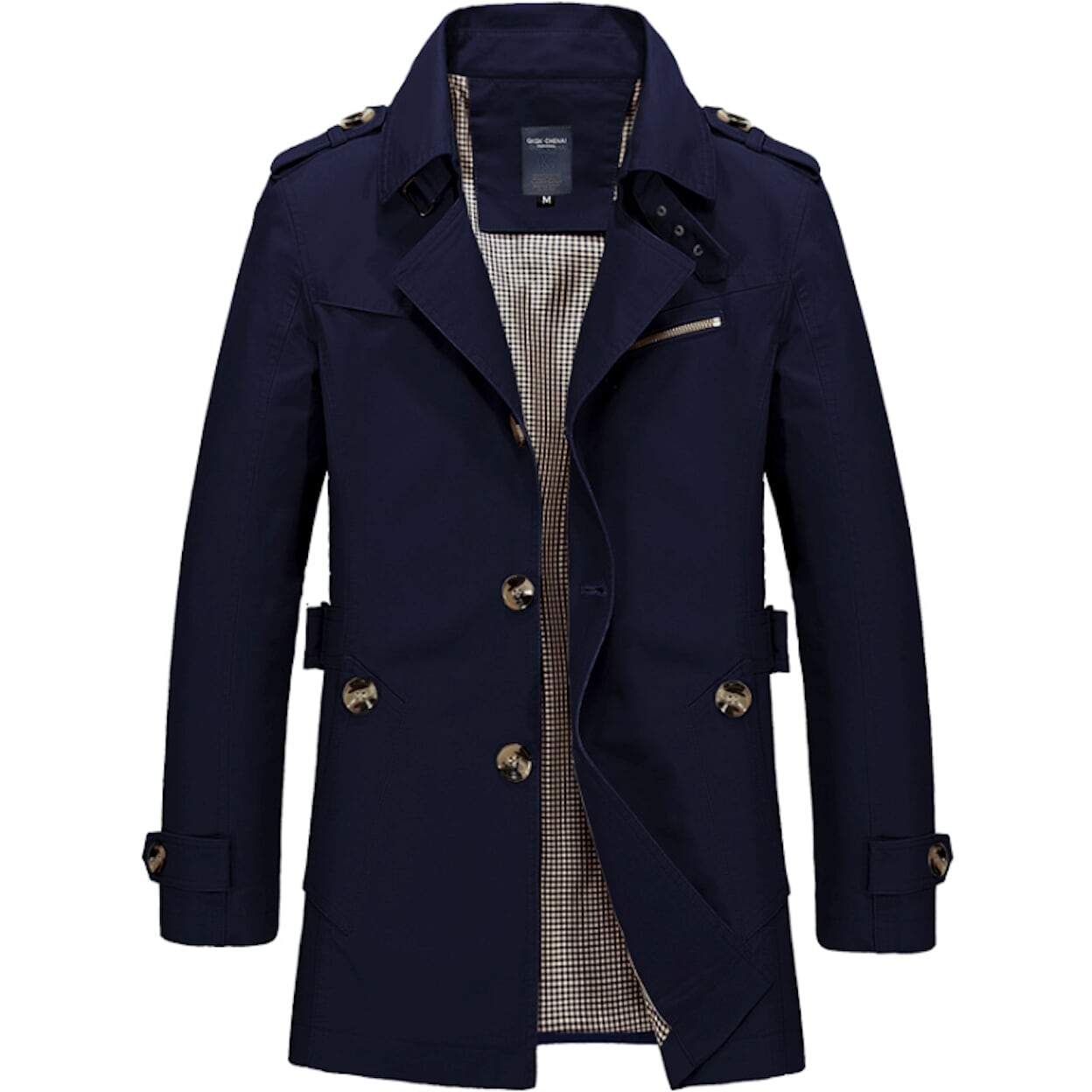 Mens Classic Trench Coat displayed in various colors including Khaki, Beige, Navy, Army Green, and Black, showcasing its mid-length design and slim fit.