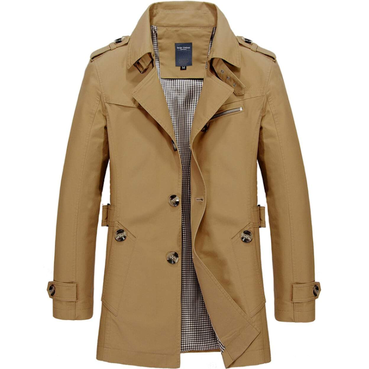 Mens Classic Trench Coat displayed in various colors including Khaki, Beige, Navy, Army Green, and Black, showcasing its mid-length design and slim fit.