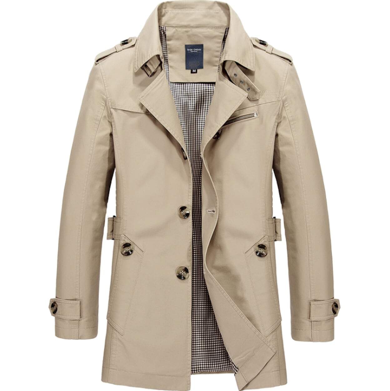 Mens Classic Trench Coat displayed in various colors including Khaki, Beige, Navy, Army Green, and Black, showcasing its mid-length design and slim fit.