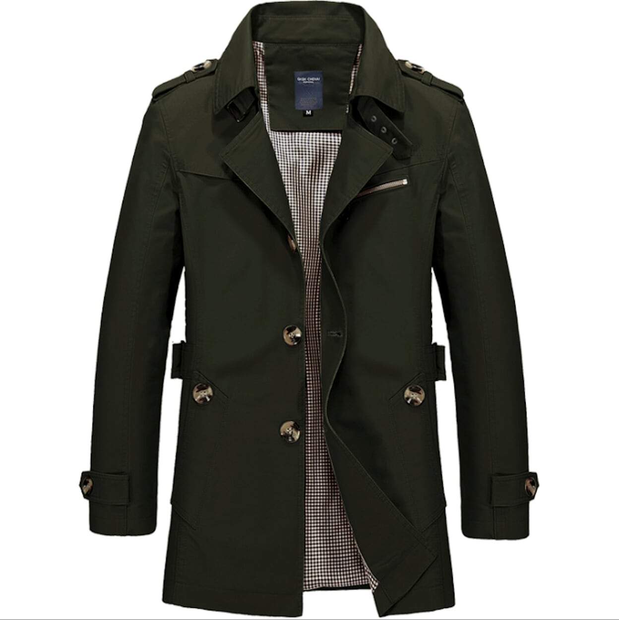 Mens Classic Trench Coat displayed in various colors including Khaki, Beige, Navy, Army Green, and Black, showcasing its mid-length design and slim fit.