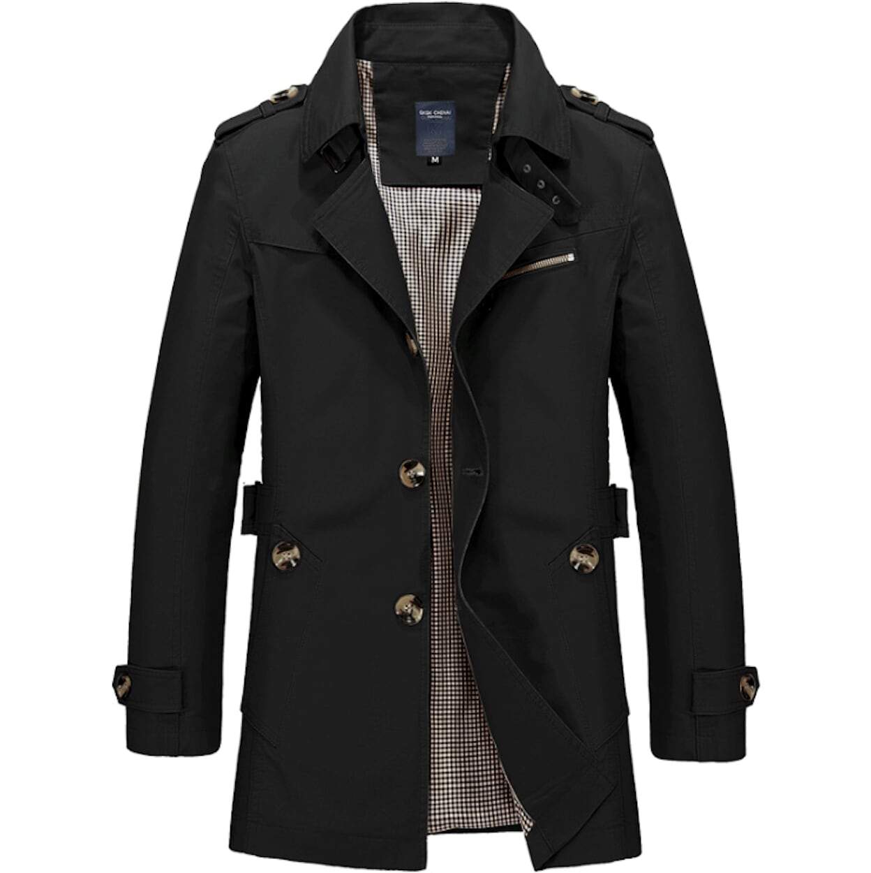 Mens Classic Trench Coat displayed in various colors including Khaki, Beige, Navy, Army Green, and Black, showcasing its mid-length design and slim fit.