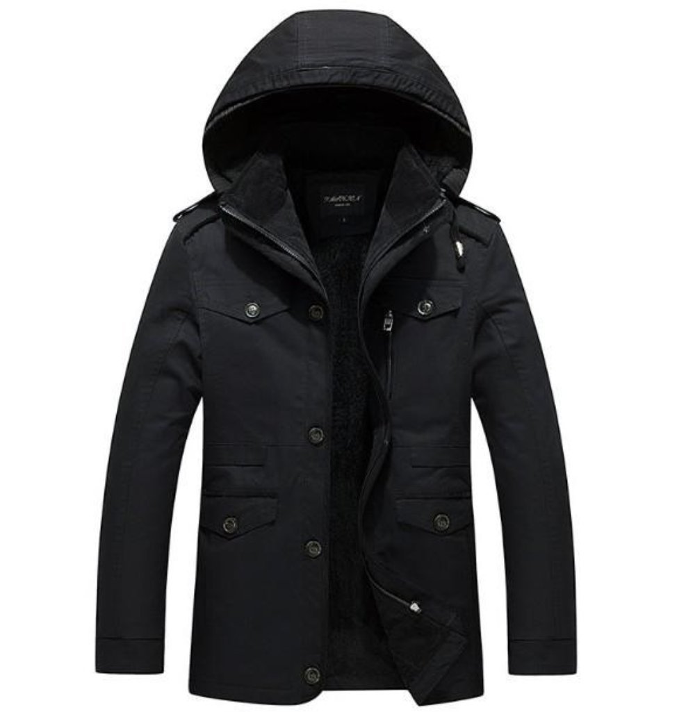 Men's Hooded Military Style Coat in black with fur lining and four pockets, perfect for winter wear.