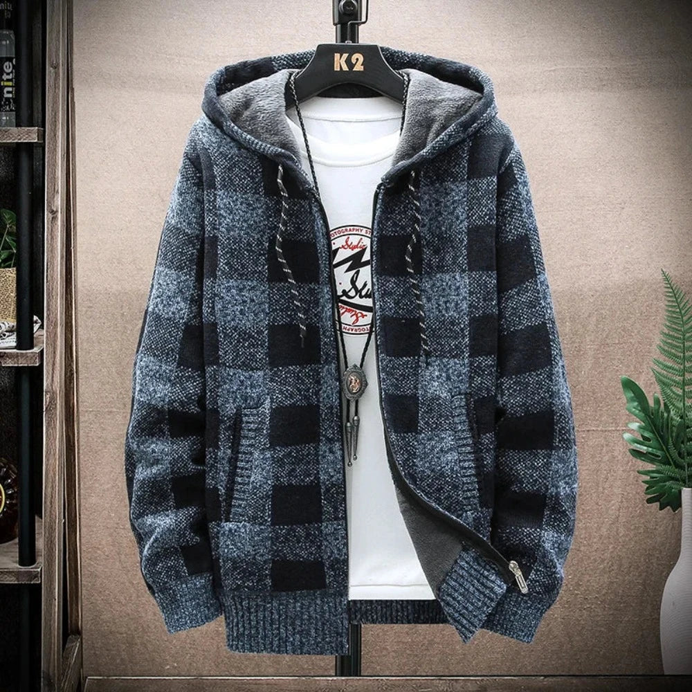 Men's Hooded Plaid Zipped-Up Jacket in various colors, showcasing its stylish plaid design and functional hood.