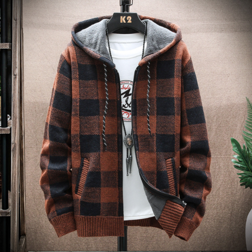 Men's Hooded Plaid Zipped-Up Jacket in various colors, showcasing its stylish plaid design and functional hood.