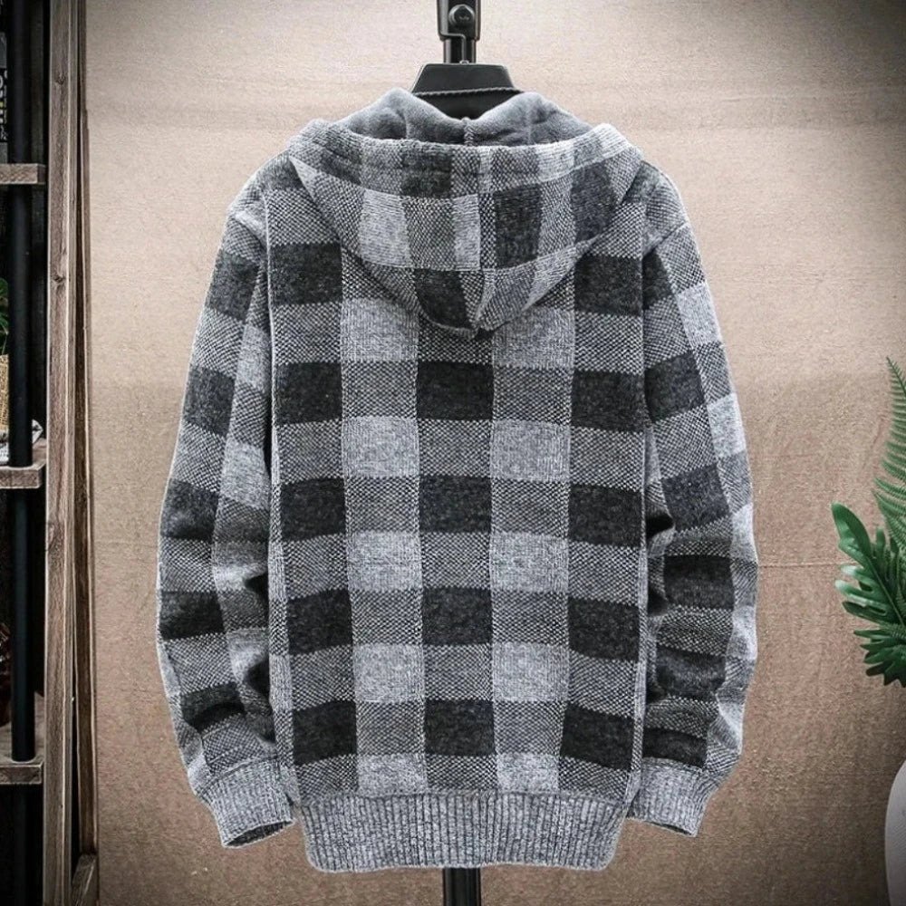 Men's Hooded Plaid Zipped-Up Jacket in various colors, showcasing its stylish plaid design and functional hood.