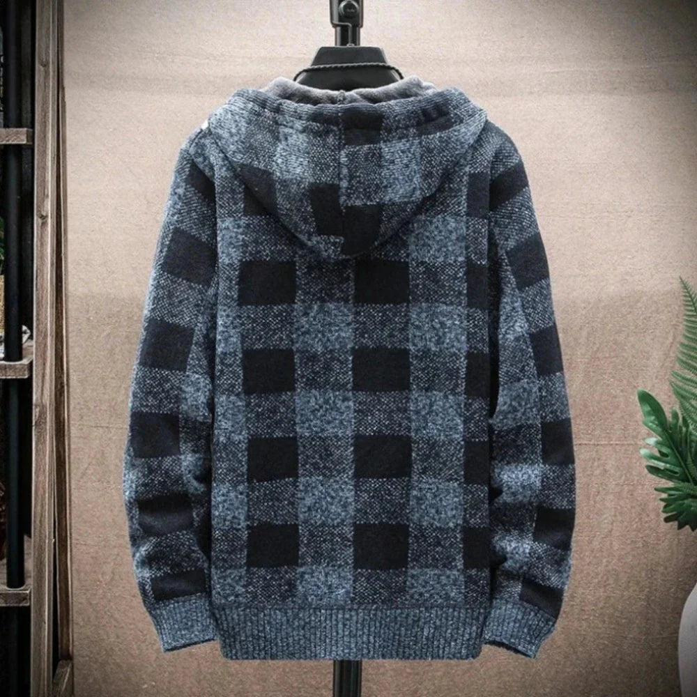 Men's Hooded Plaid Zipped-Up Jacket in various colors, showcasing its stylish plaid design and functional hood.