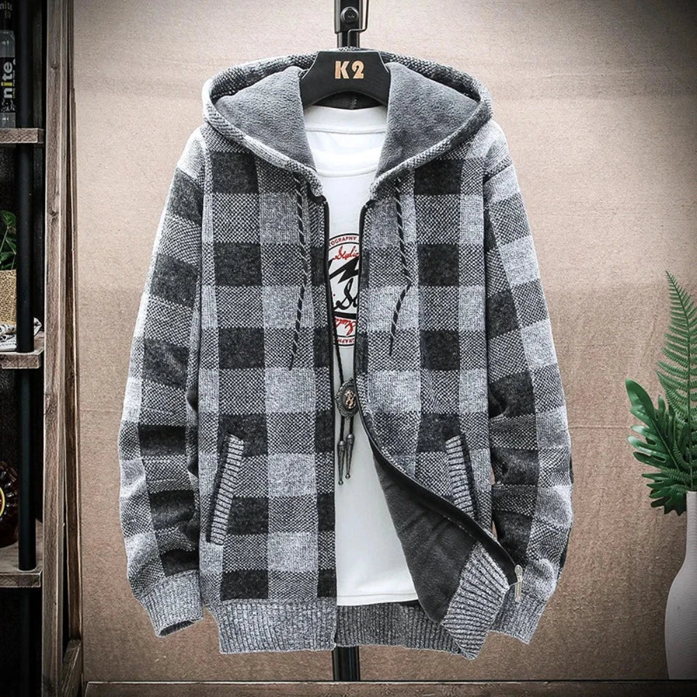 Men's Hooded Plaid Zipped-Up Jacket in various colors, showcasing its stylish plaid design and functional hood.