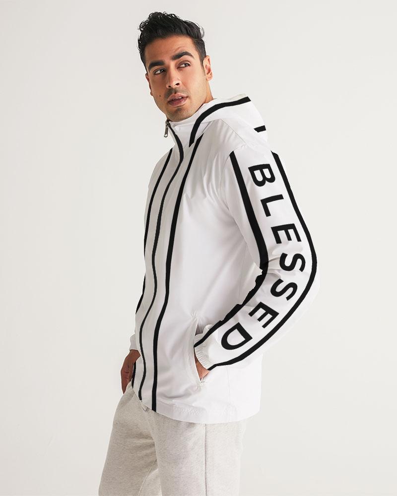 Men's Hooded Windbreaker in white with black Blessed Sleeve Stripe design, showcasing its lightweight and water-resistant fabric.