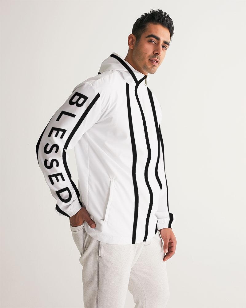 Men's Hooded Windbreaker in white with black Blessed Sleeve Stripe design, showcasing its lightweight and water-resistant fabric.