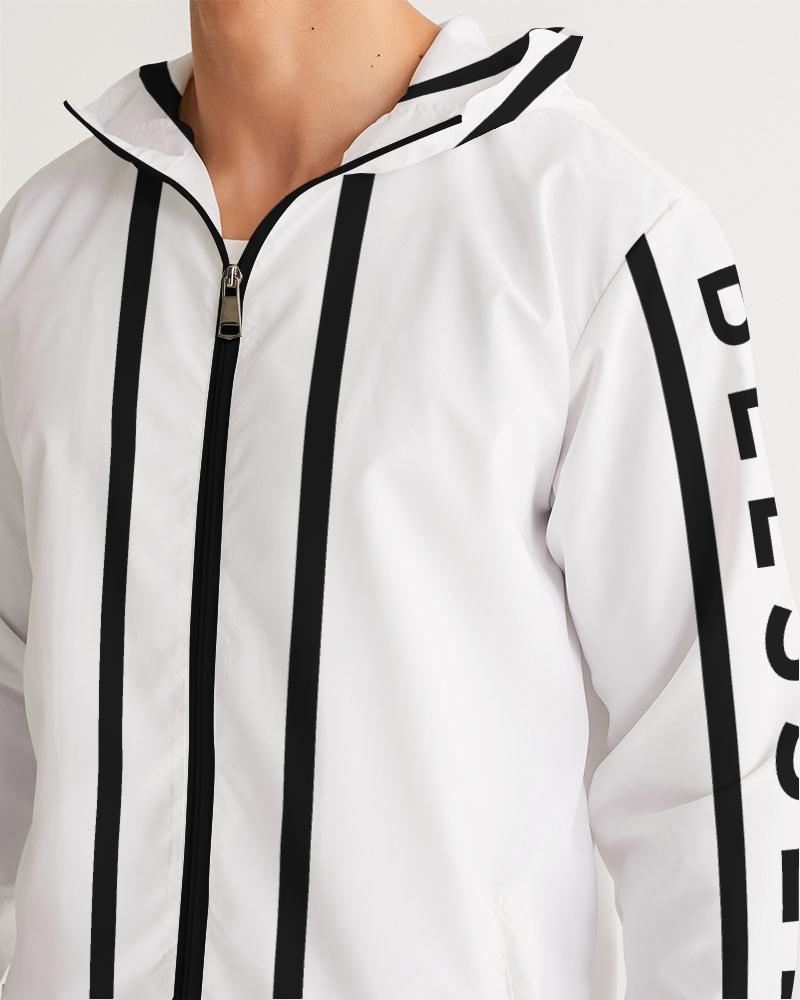 Men's Hooded Windbreaker in white with black Blessed Sleeve Stripe design, showcasing its lightweight and water-resistant fabric.