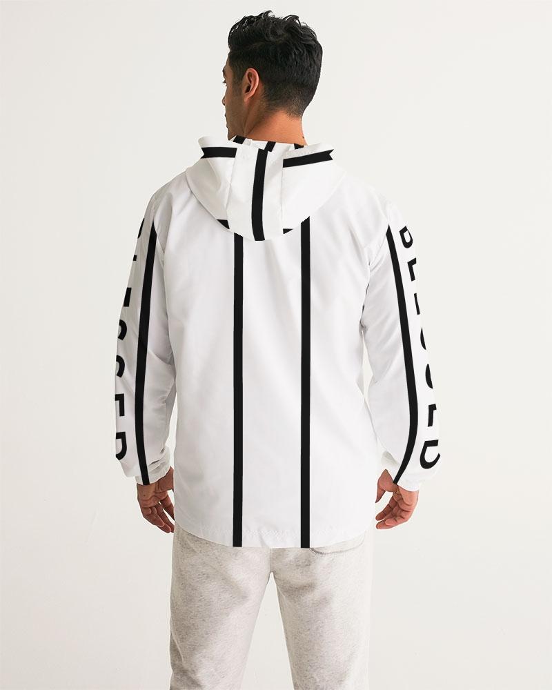 Men's Hooded Windbreaker in white with black Blessed Sleeve Stripe design, showcasing its lightweight and water-resistant fabric.