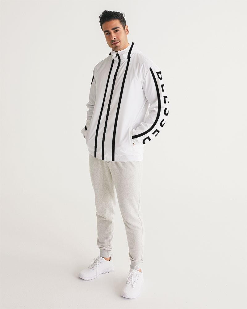 Men's Hooded Windbreaker in white with black Blessed Sleeve Stripe design, showcasing its lightweight and water-resistant fabric.