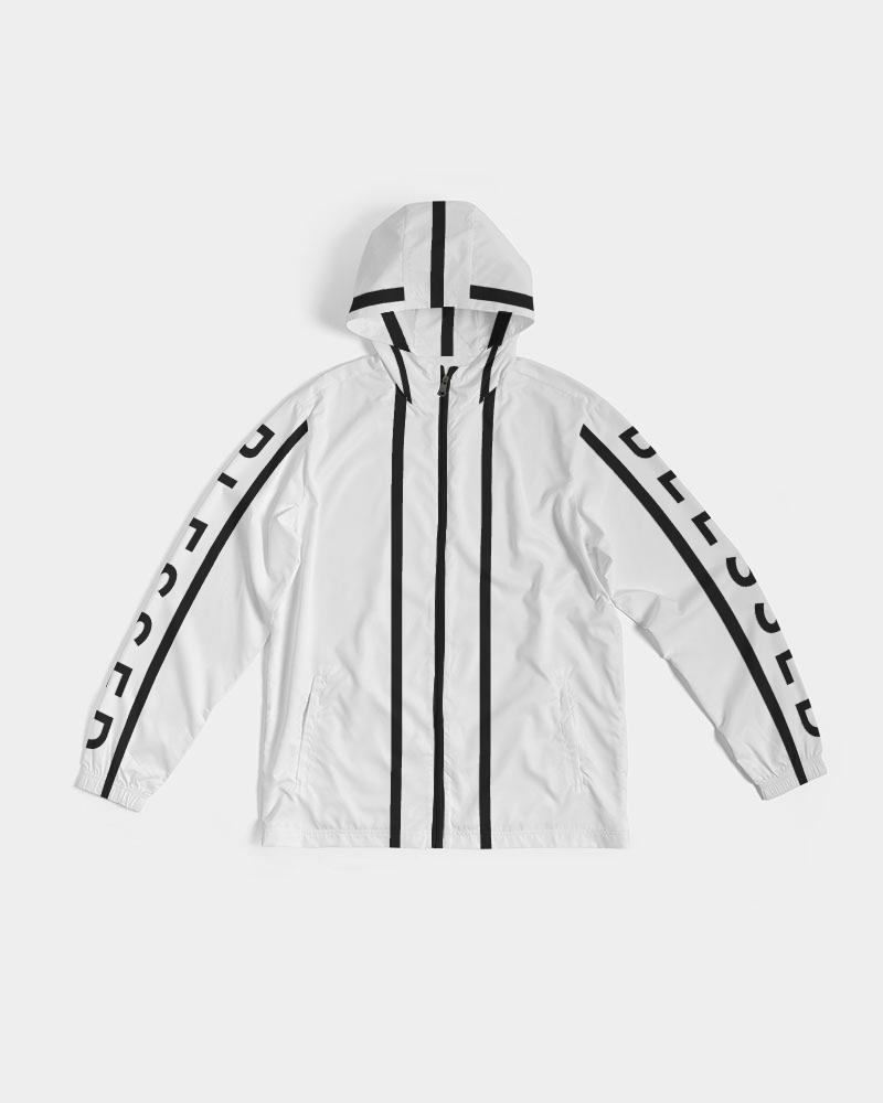 Men's Hooded Windbreaker in white with black Blessed Sleeve Stripe design, showcasing its lightweight and water-resistant fabric.