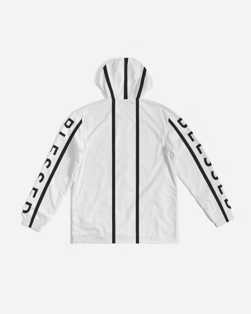 Men's Hooded Windbreaker in white with black Blessed Sleeve Stripe design, showcasing its lightweight and water-resistant fabric.