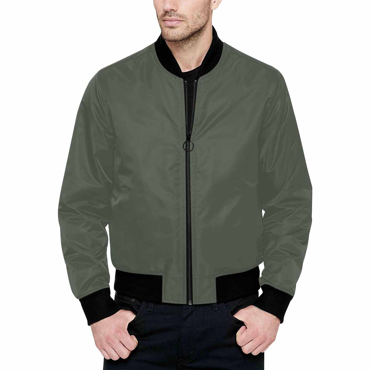 Men's Ebony Black Bomber Jacket with quilted lining and stylish design, featuring a zipper closure and pouch pockets.