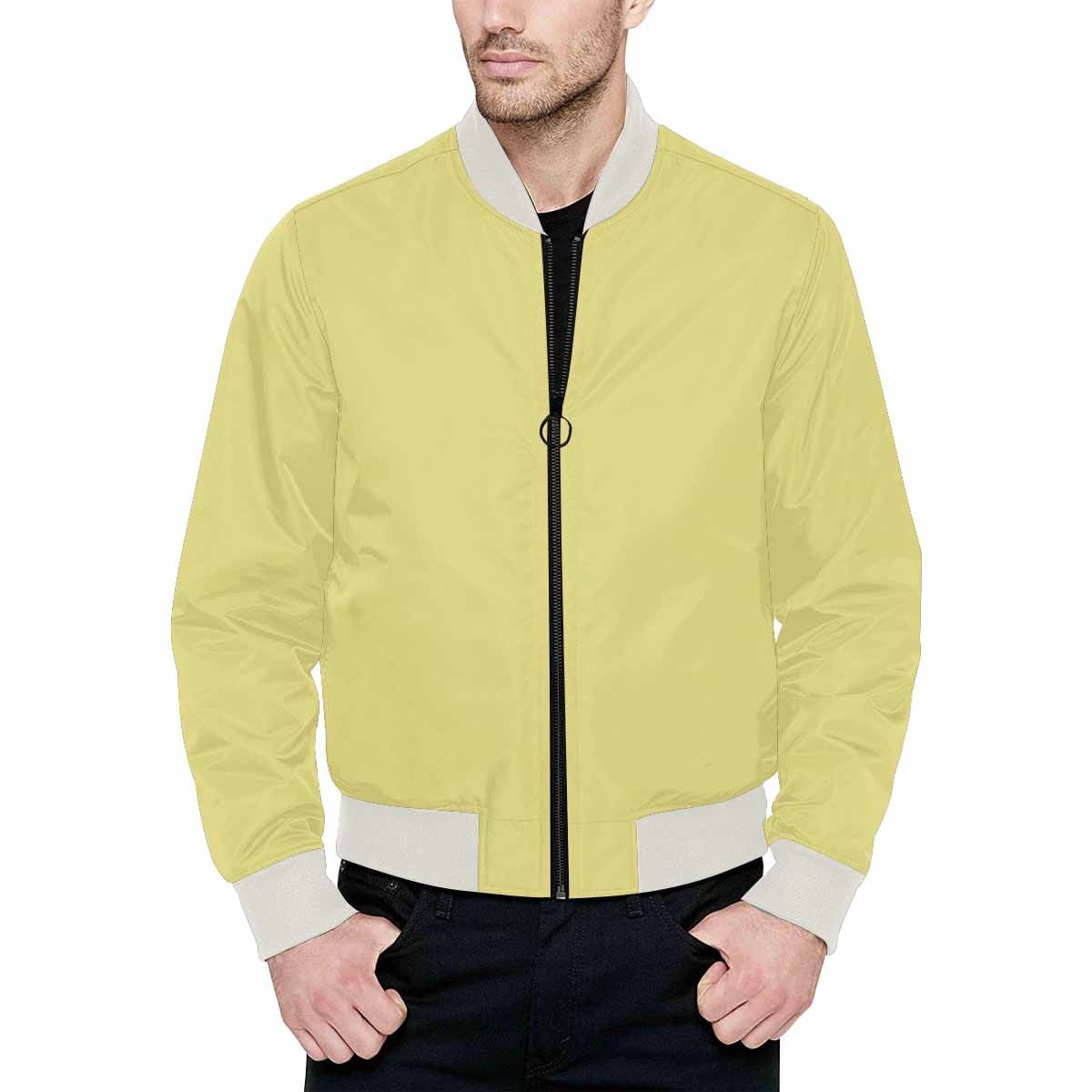 Men's Khaki Yellow Bomber Jacket with quilted lining and zipper closure, featuring stylish all-over print and pouch pockets.