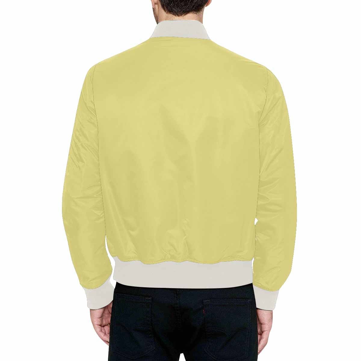 Men's Khaki Yellow Bomber Jacket with quilted lining and zipper closure, featuring stylish all-over print and pouch pockets.