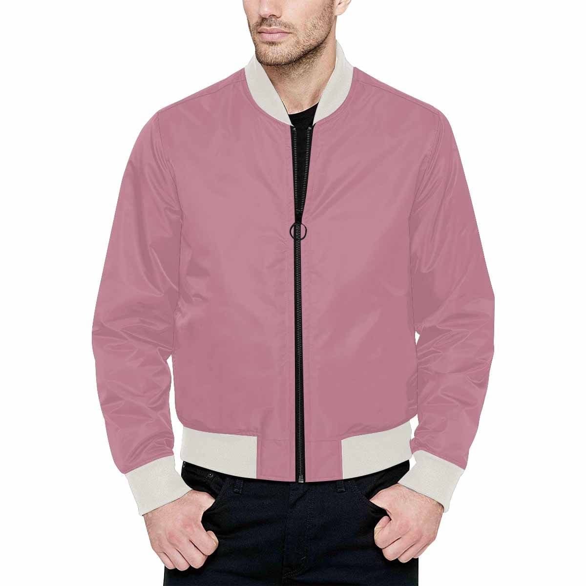 Mens Puce Red Bomber Jacket featuring quilted lining and personalized print design.