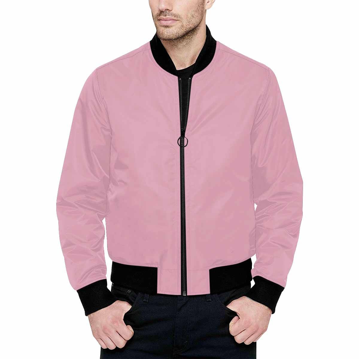 Mens Bomber Jacket in Rosewater Red and Black with quilted lining and zipper closure, featuring stylish all-over print design.