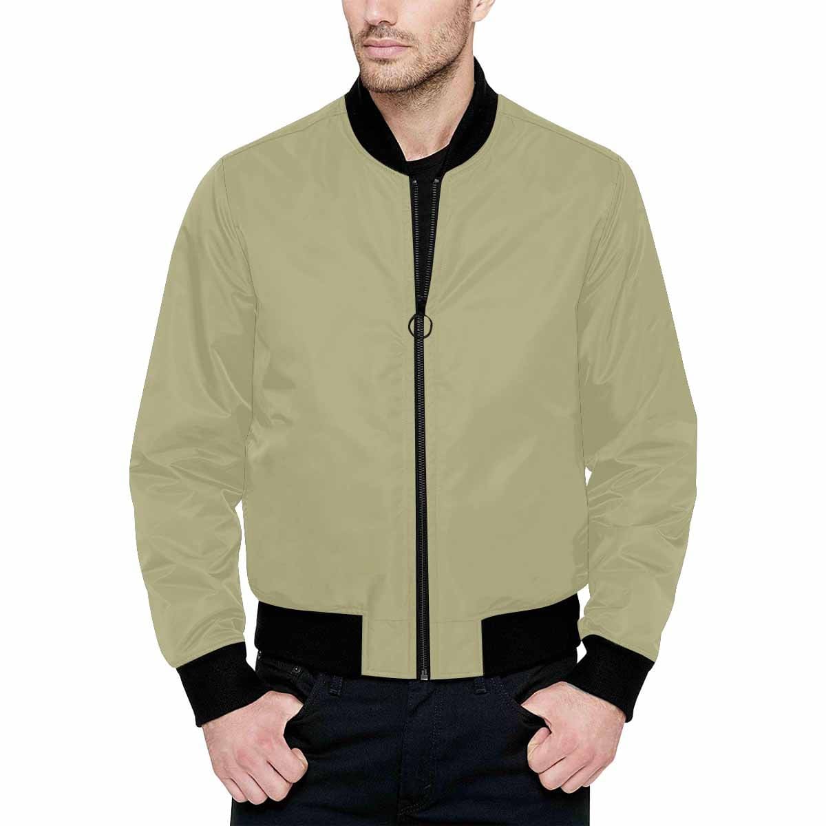 Men's sage green and black bomber jacket with quilted lining and zipper closure, featuring stylish all-over print and pouch pockets.