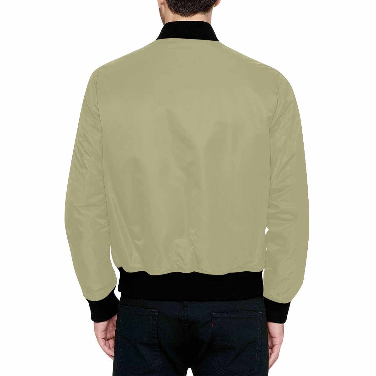 Men's sage green and black bomber jacket with quilted lining and zipper closure, featuring stylish all-over print and pouch pockets.