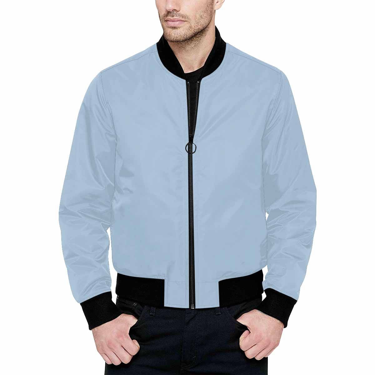 Men's Serenity Blue and Black Bomber Jacket featuring a quilted lining and stylish all-over print design.