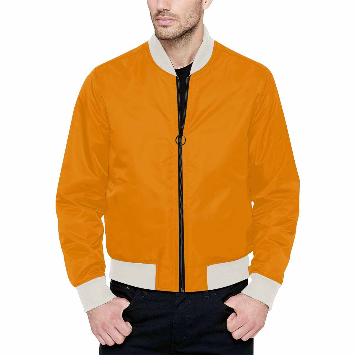 Men's Tangerine Orange Bomber Jacket with quilted lining and zipper closure, featuring stylish all-over print and pouch pockets.