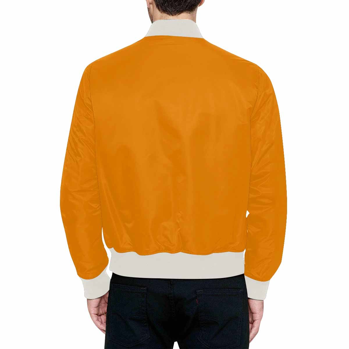 Men's Tangerine Orange Bomber Jacket with quilted lining and zipper closure, featuring stylish all-over print and pouch pockets.