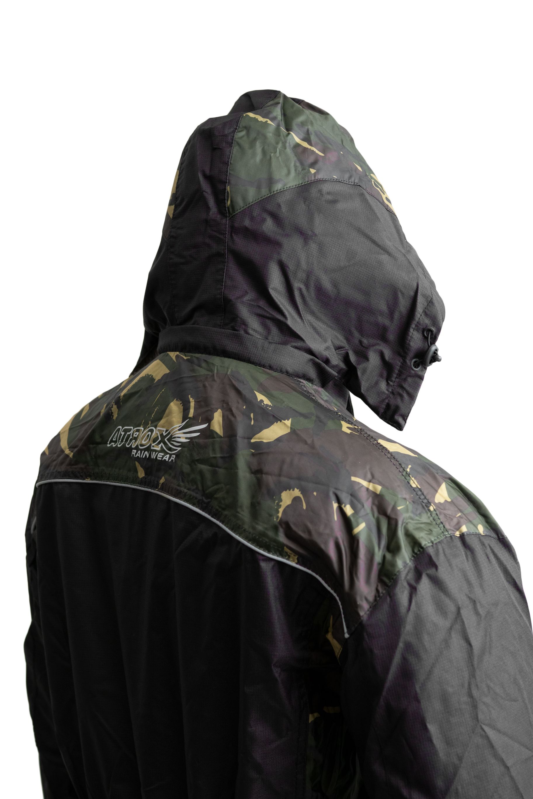 Men's Motorcycle Rain Suit in Camo, featuring waterproof fabric and reflective trim for safety.