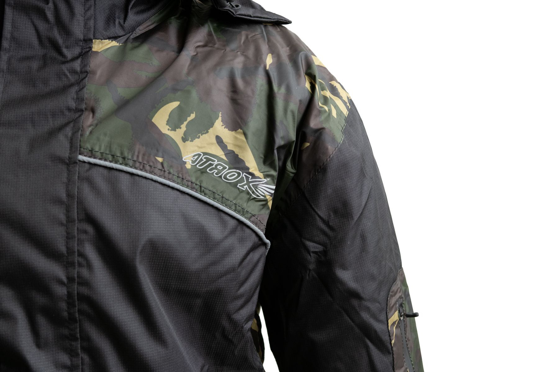 Men's Motorcycle Rain Suit in Camo, featuring waterproof fabric and reflective trim for safety.