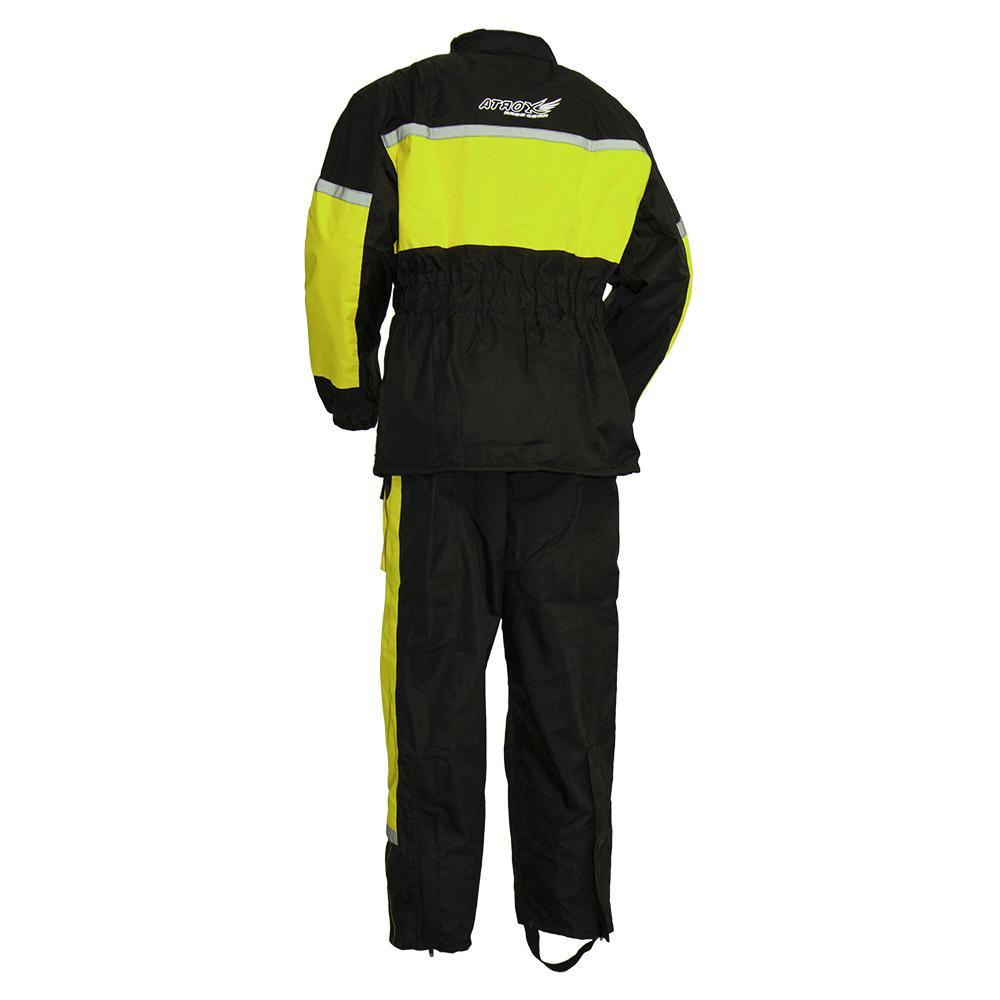 Men's Motorcycle Rain Suit featuring waterproof fabric, reflective trim, and adjustable waist for optimal fit and visibility.