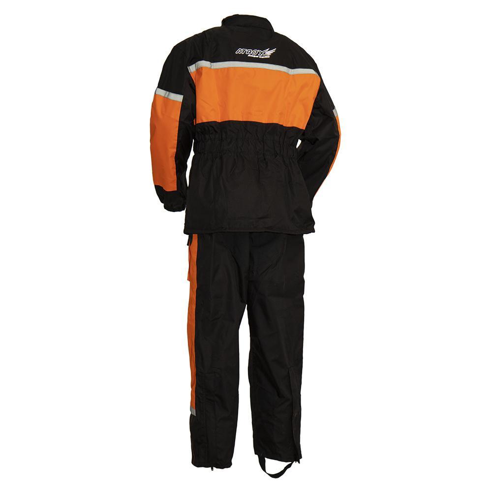 Men's Motorcycle Rain Suit featuring waterproof fabric, reflective trim, and adjustable waist for optimal fit and visibility.