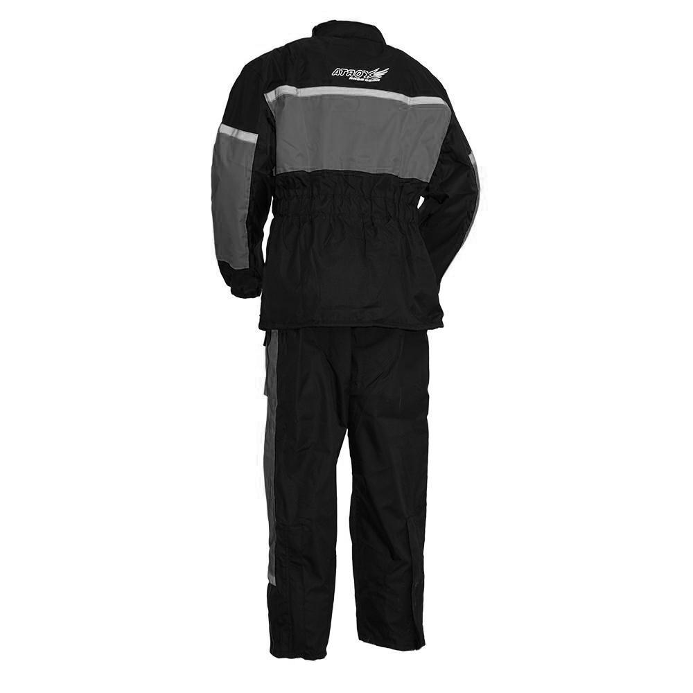 Men's Motorcycle Rain Suit featuring waterproof fabric, reflective trim, and adjustable waist for optimal fit and visibility.