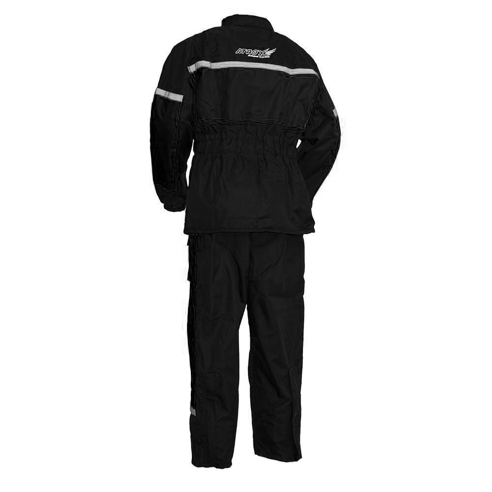 Men's Motorcycle Rain Suit featuring waterproof fabric, reflective trim, and adjustable waist for optimal fit and visibility.