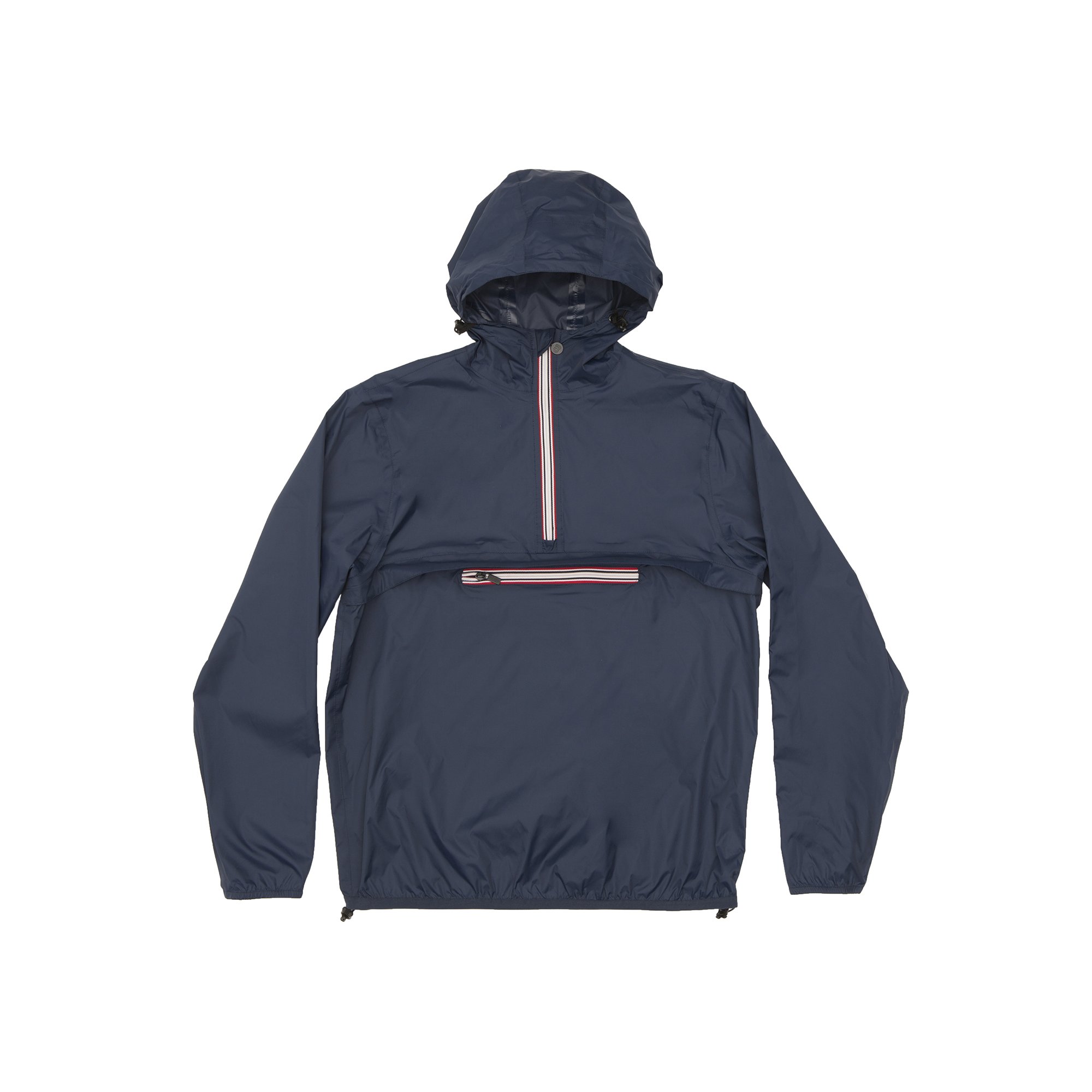 Men's navy quarter zip packable rain jacket, showcasing its sleek design and packable feature, ideal for outdoor activities.